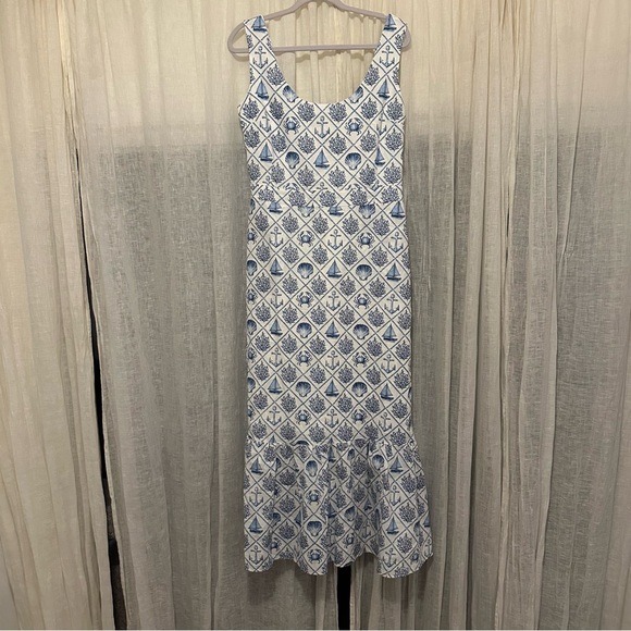 KJP Kiel James Patrick Sea Garden Maxi Dress Sz 8 blue white linen nautical sea - Picture 6 of 15